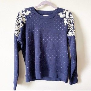 Lucky Brand Navy Blue Embroidered Sleeve Crew Neck Sweatshirt Size M